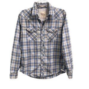 American Eagle Vintage Fit Size Medium Western Pearl Snap Blue Plaid Long Sleeve